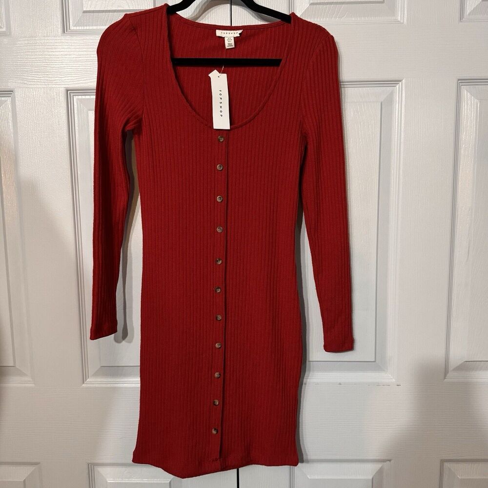 Topshop Women's Sz 2 Long‎ Sleeve Knit Bodycon Midi Sweater Dress NWT